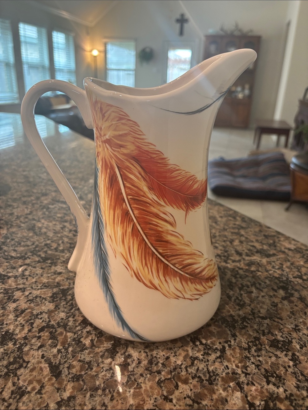 Decorative Feather Pitcher Jug in Cream with Orange and Blue Accents
